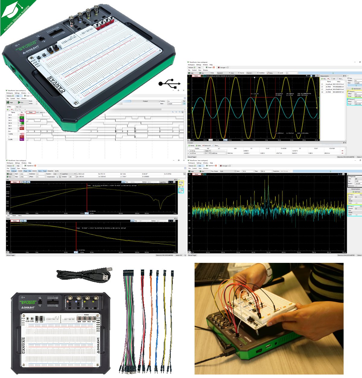 Laboratorio eléctrónico portátil, c/protoboard, osciloscopio, generador de señales, analizador lógico, de espectros, etc Analog Discovery Studio