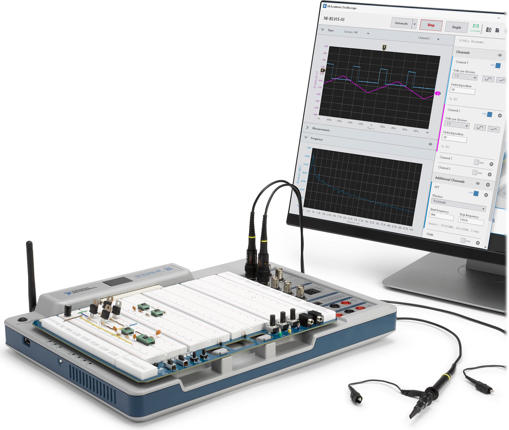 Osciloscopio digital combinado c/otros instrumentos, servicios comunes y protoboard  ELVIS III (precio p/uso académico) ELVIS III