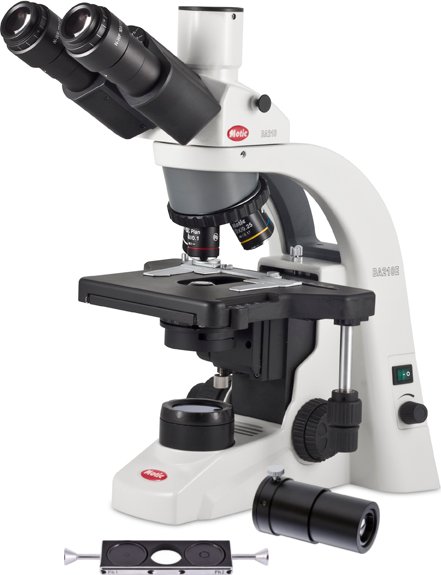 Microscopio ergonómico Trinocular c/Optica Extra Plana Elite Corregida a Infinito, ilum LED y kit de Contraste de Fases BA210E LED CF Trinocular