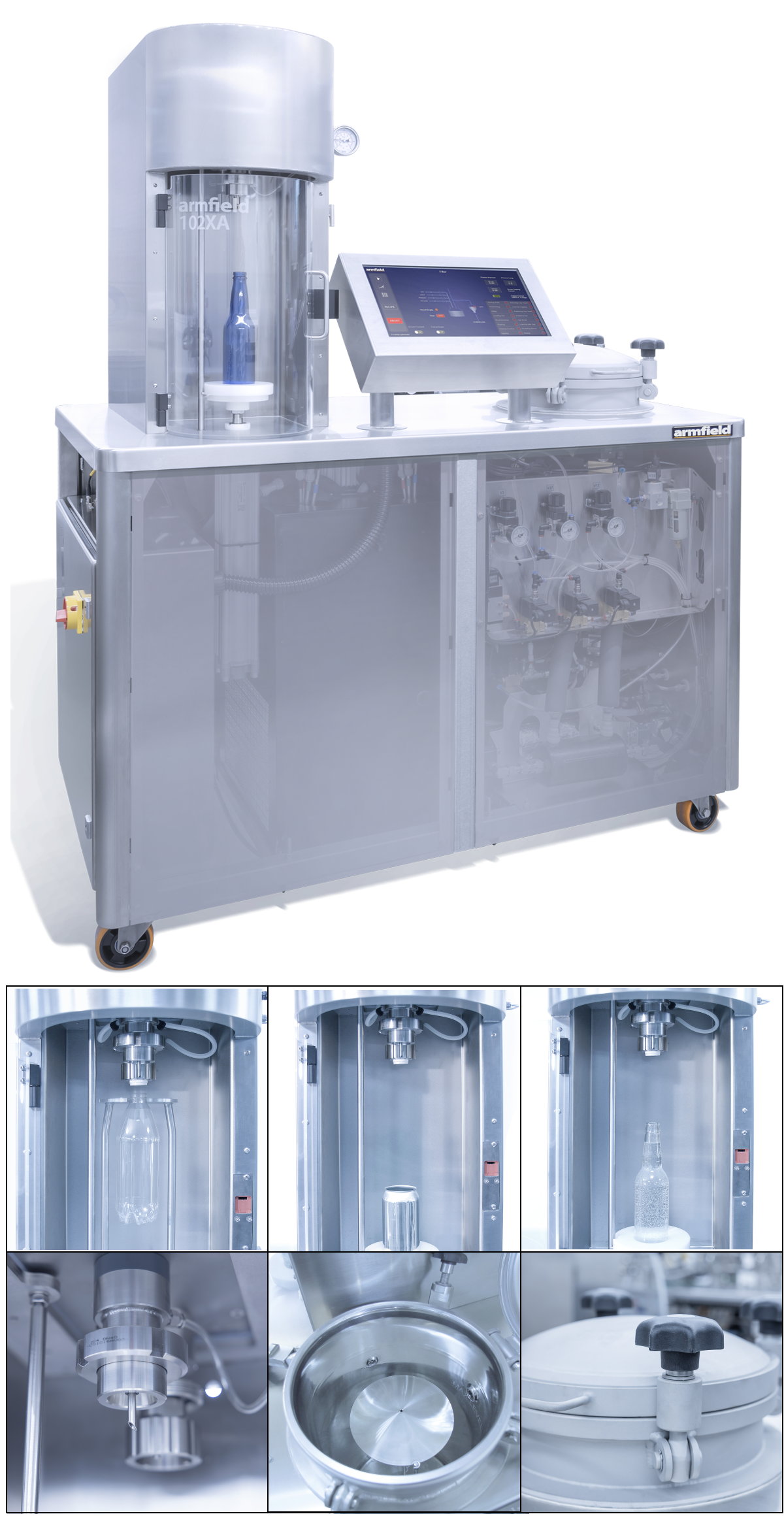Carbonatadora y envasadora de bebidas a escala de laboratorio con lotes de 15 litros y control por pantalla touch FT102XA-15-A
