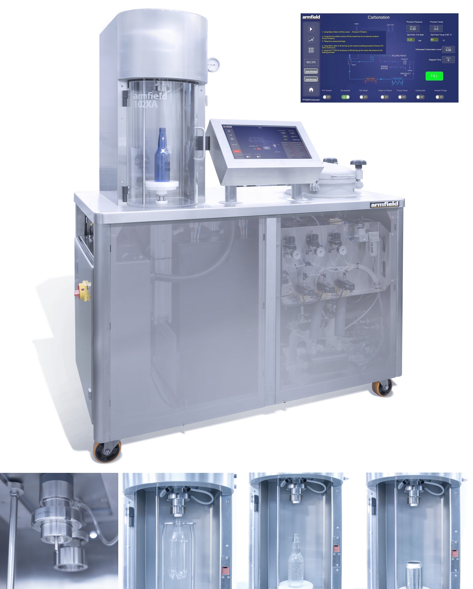 Carbonatadora y envasadora de bebidas a escala de laboratorio con lotes de 30 litros y control por pantalla touch FT102XA-30L-A