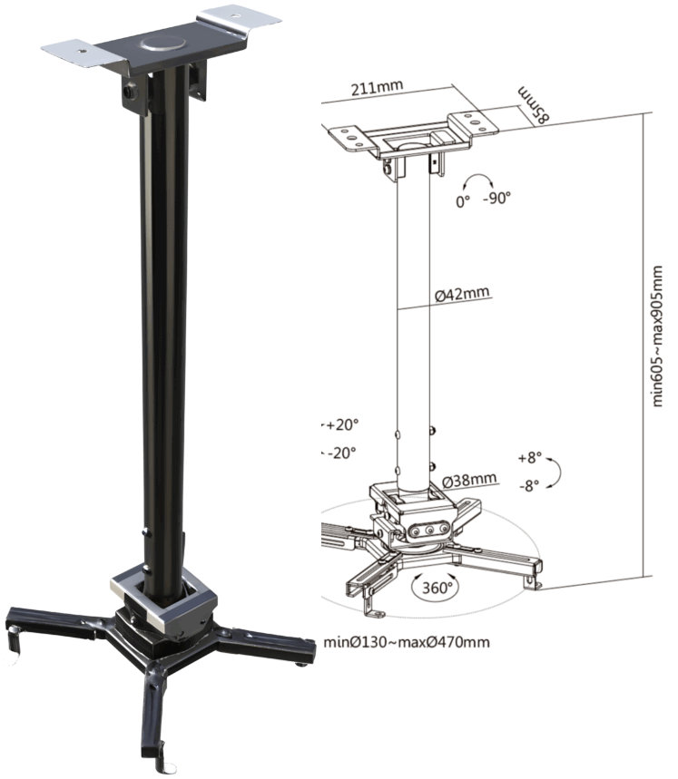 Soporte universal de techo p/proyector multimedia c/brazo telescópico, 60,5 a 90,5 cm IT-WC13