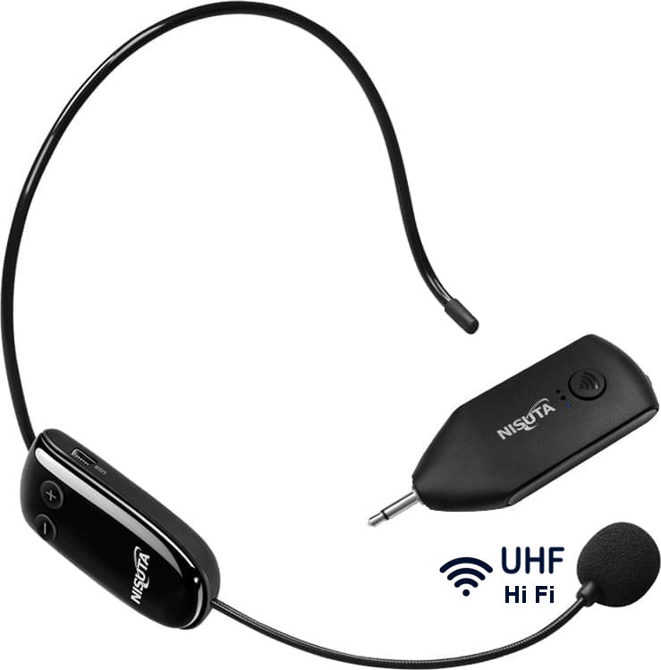 Micrófono inalambrico por UHF con vincha para nuca y salida analógica con plugs de 3,5 y 6,5 mm NSMICUHF8