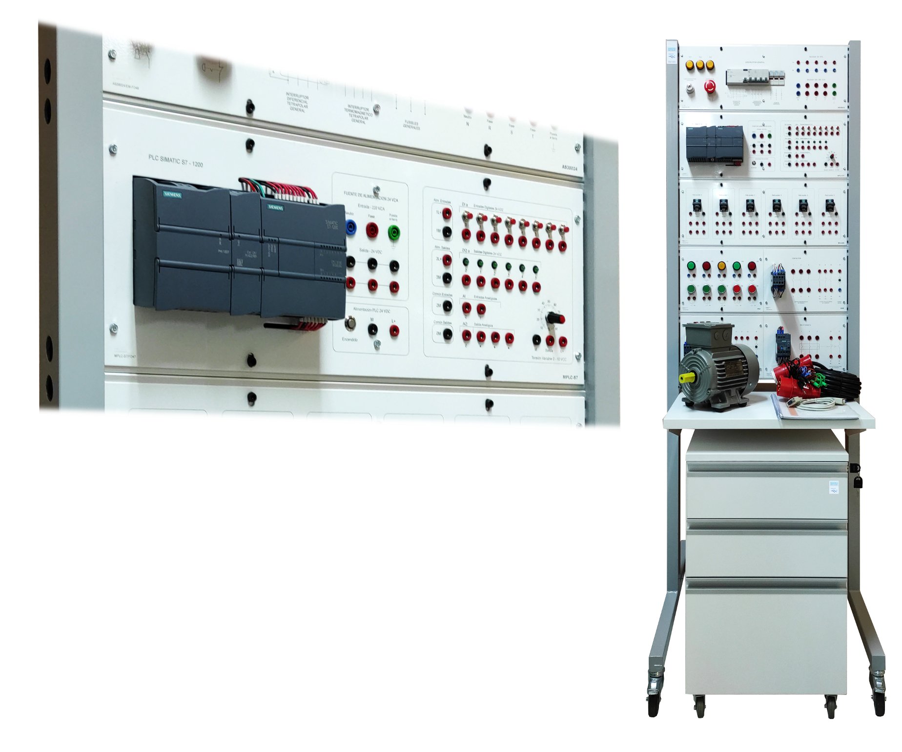 Tablero autoportante para la práctica experimental intermedia con PLC Siemens S7 1200, relés y motor trifásico AUTO 64 TP10C