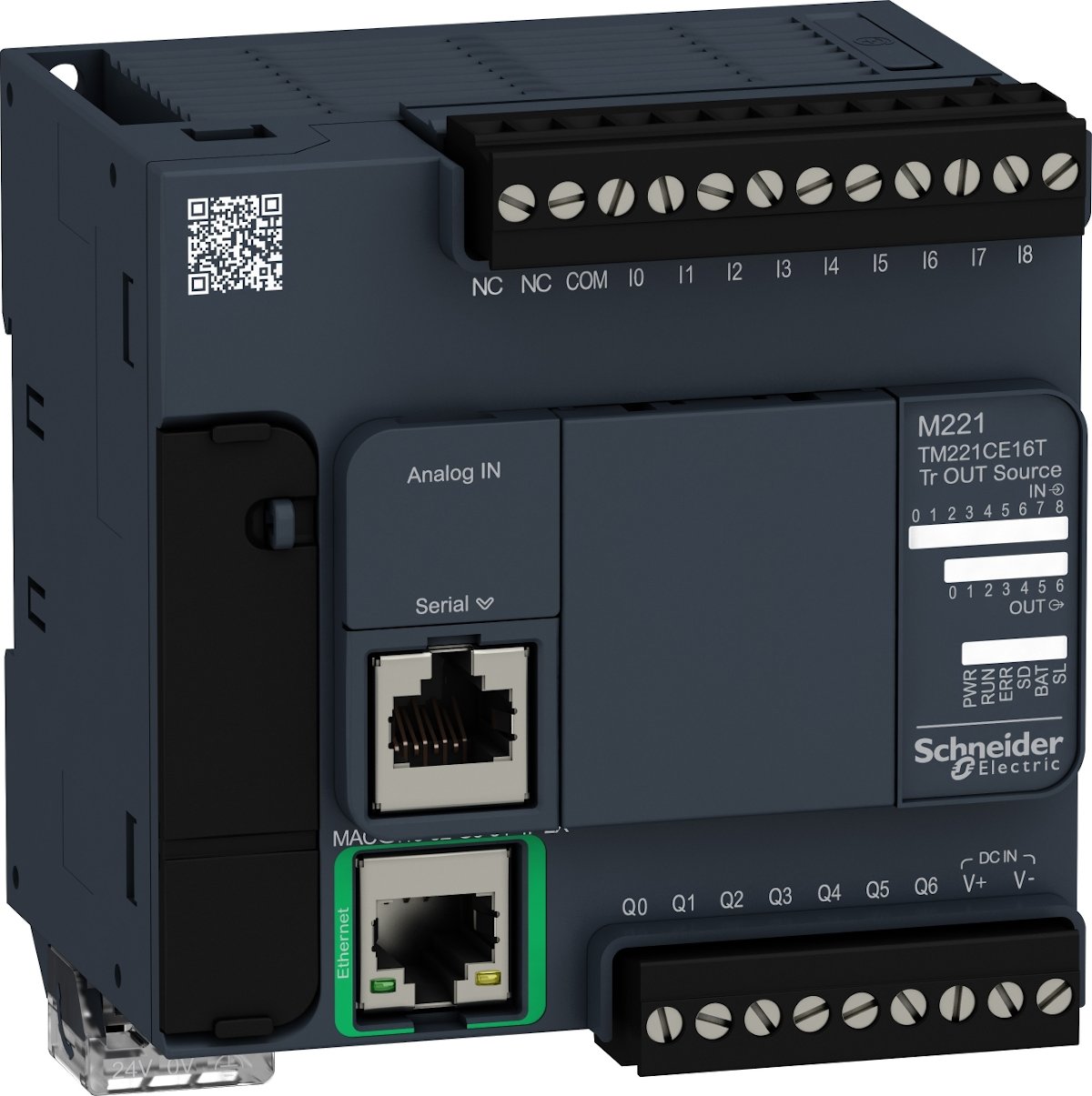 PLC de la familia Modicon M221, 24V, 9 entradas digitales, 2 analógicas, 7 salidas PNP, Ethernet, Compact SCH TM221CE16T