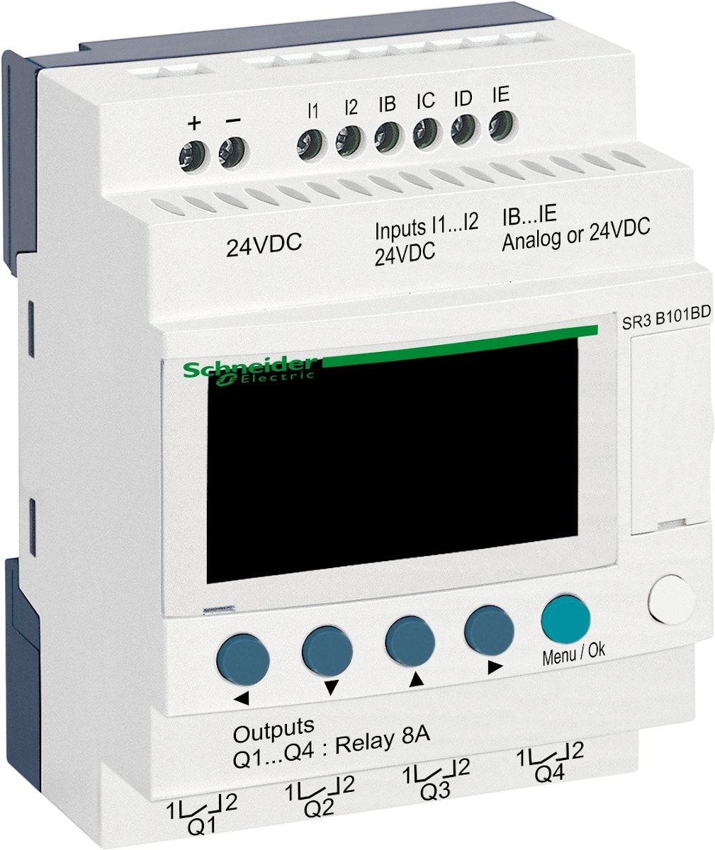 Módulo de relé programable Zelio II M con 6 entradas, 4 salidas a relé, reloj interno y display LCD SCH Zelio II SR3B101BD