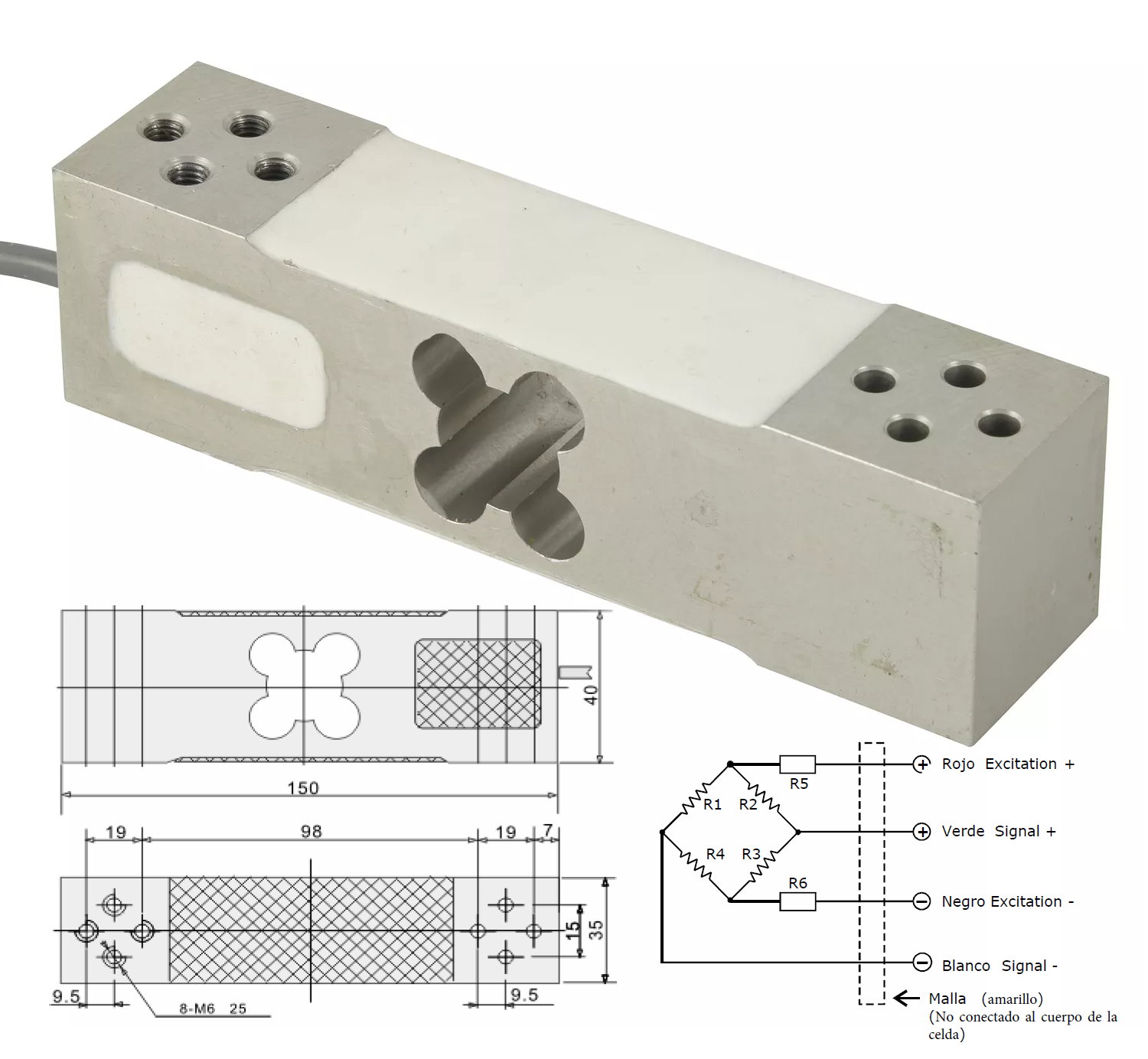 Celda de carga de aluminio con strain gauge en puente completo PCL638