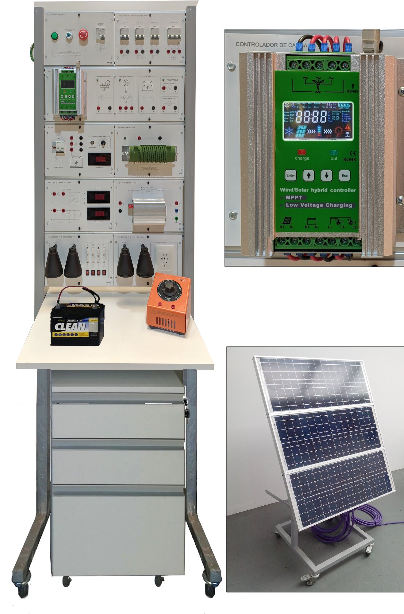 Equipo autoportante para estudio avanzado de energías renovables con paneles fotovoltaicos con almacenamiento e inversor SOL 25 TP10C