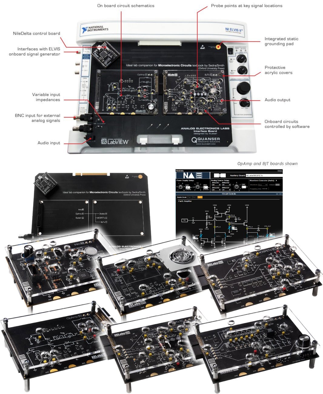 Conjunto de placas para el estudio de electrónica analógica, para montar sobre bases ELVIS II+ AE Labs