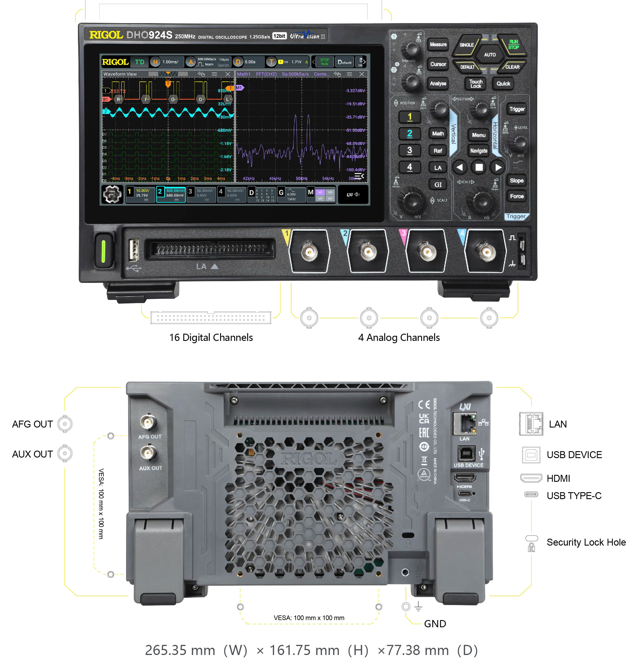 Osciloscopio digital 4 canales, 250 MHz, 4 Gs/s DHO924S