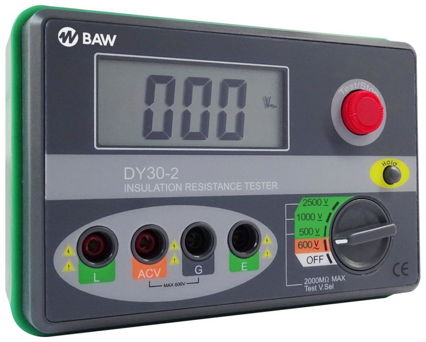 Medidor de aislación digital, con tensiones de prueba de 500, 1000 y 2500 Vcc, mide hasta 20 Gohm DY30-2