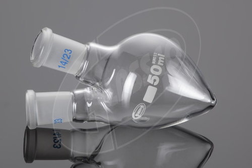 Balon de vidrio en forma corazón (o pera), 50 ml, 2 bocas con cuello esmerilado 14/23 (para Rankine) GL-063.202.01