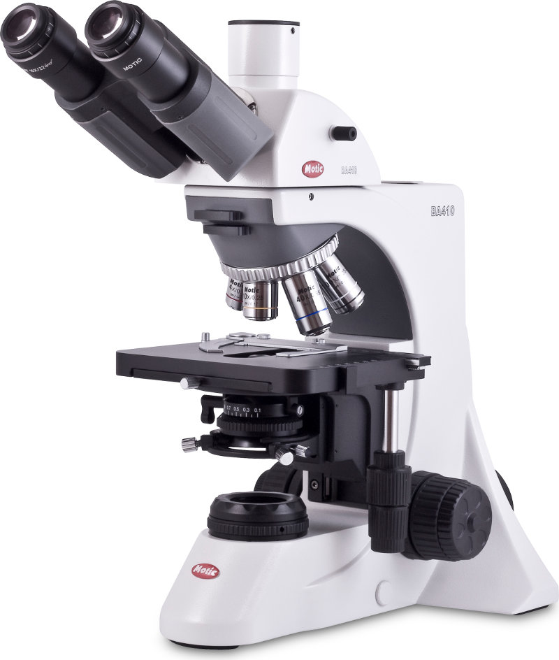 Microscopio Trinocular Ergonómico de Gran Porte c/Optica Extra Plana Corregida a Infinito y Constraste de Fases BA410E Premium CF